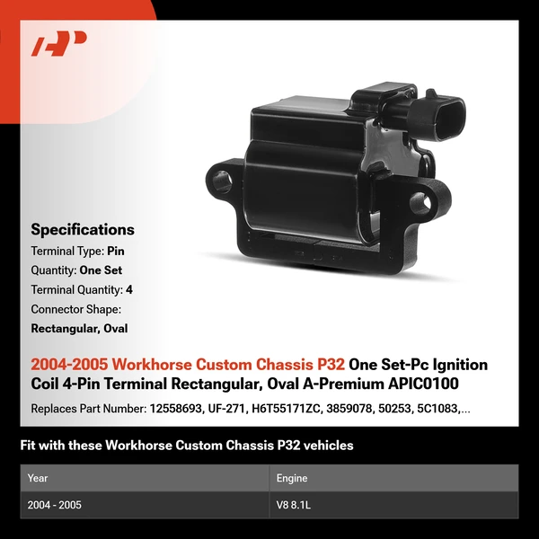 2004-2005 Workhorse Custom Chassis P32 One Set-Pc Ignition Coil 4-Pin Terminal Rectangular, Oval A-Premium APIC0100