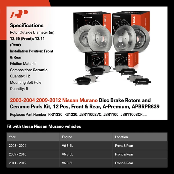 2003-2004 2009-2012 Nissan Murano Disc Brake Rotors and Ceramic Pads Kit, 12 Pcs, Front & Rear, A-Premium, APBRPR839