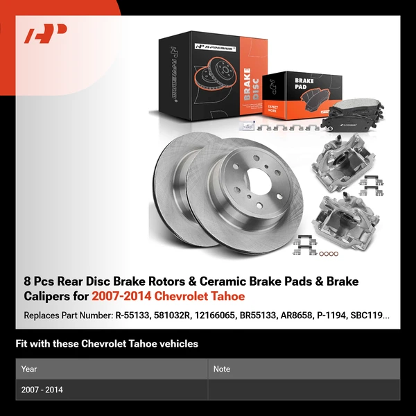 8 Pcs Rear Disc Brake Rotors & Ceramic Brake Pads & Brake Calipers for 2007-2014 Chevrolet Tahoe