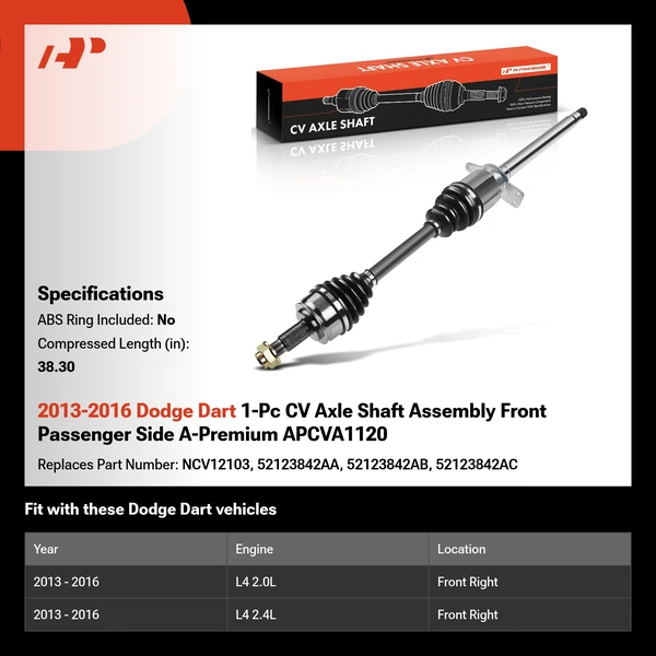 2013-2016 Dodge Dart 1-Pc CV Axle Shaft Assembly Front Passenger Side A-Premium APCVA1120