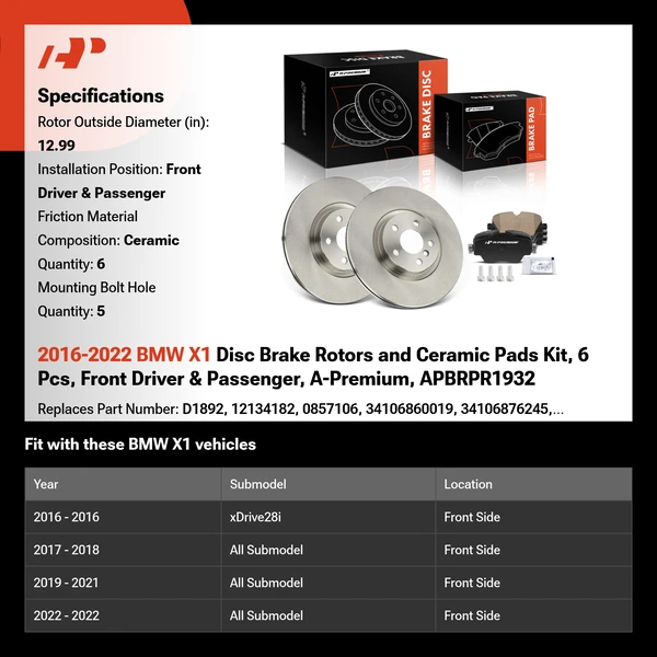 2016-2022 BMW X1 Disc Brake Rotors and Ceramic Pads Kit, 6 Pcs, Front Driver & Passenger, A-Premium, APBRPR1932