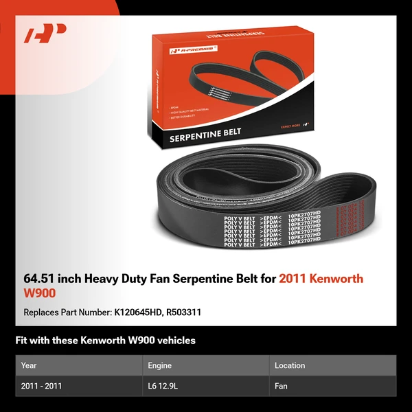 64.51 inch Heavy Duty Fan Serpentine Belt for 2011 Kenworth W900