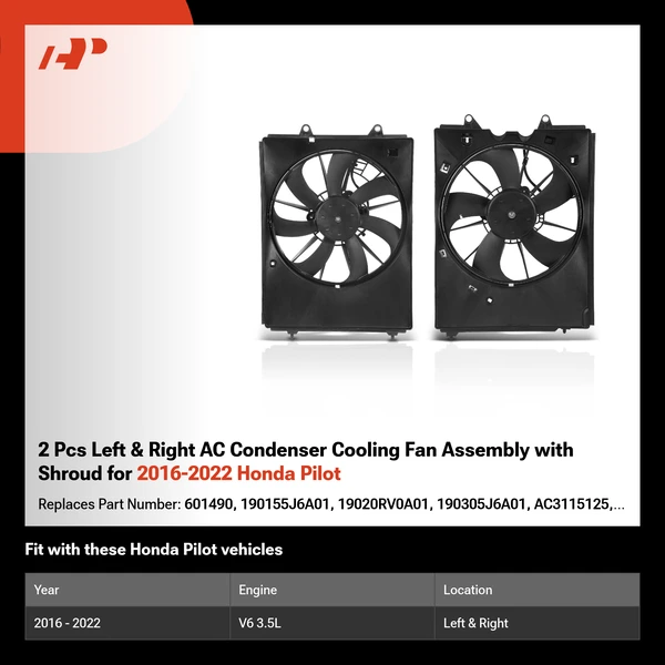 2 Pcs Left & Right AC Condenser Cooling Fan Assembly with Shroud for 2016-2022 Honda Pilot