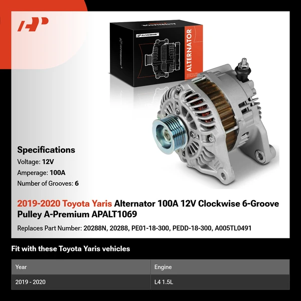 2019-2020 Toyota Yaris Alternator 100A 12V Clockwise 6-Groove Pulley A-Premium APALT1069