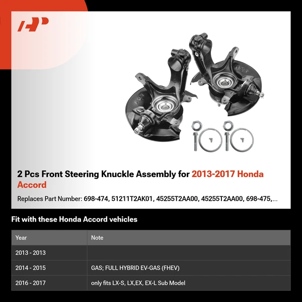 2 Pcs Front Steering Knuckle Assembly for 2013-2017 Honda Accord