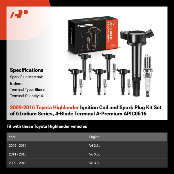 2009-2016 Toyota Highlander Ignition Coil and Spark Plug Kit Set of 12 Iridium Series, 4-Blade Terminal A-Premium APIC0516
