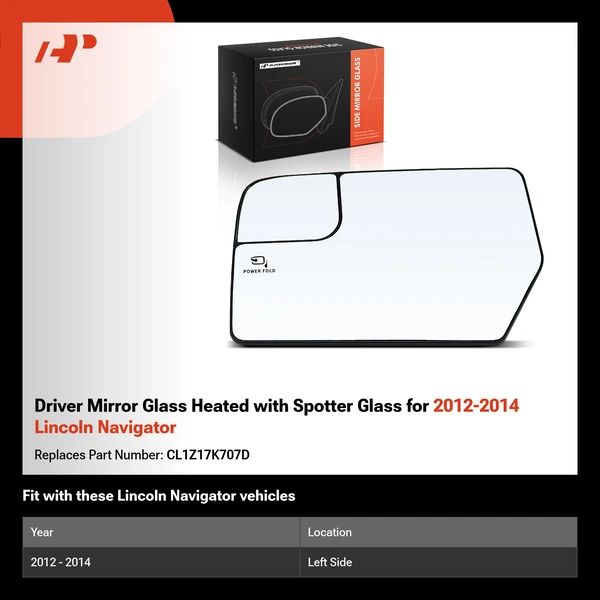 Driver Mirror Glass Heated with Spotter Glass for 2012-2014 Lincoln Navigator