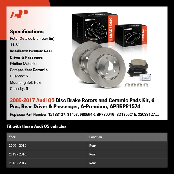 2009-2017 Audi Q5 Disc Brake Rotors and Ceramic Pads Kit, 6 Pcs, Rear Driver & Passenger, A-Premium, APBRPR1574