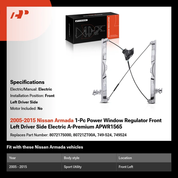 2005-2015 Nissan Armada 1-Pc Power Window Regulator Front Left Driver Side Electric A-Premium APWR1565