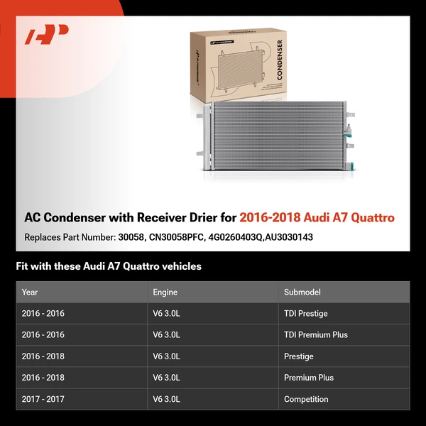 AC Condenser with Receiver Drier for 2016-2018 Audi A7 Quattro