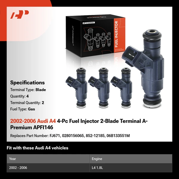 2002-2006 Audi A4 4-Pc Fuel Injector 2-Blade Terminal A-Premium APFI146