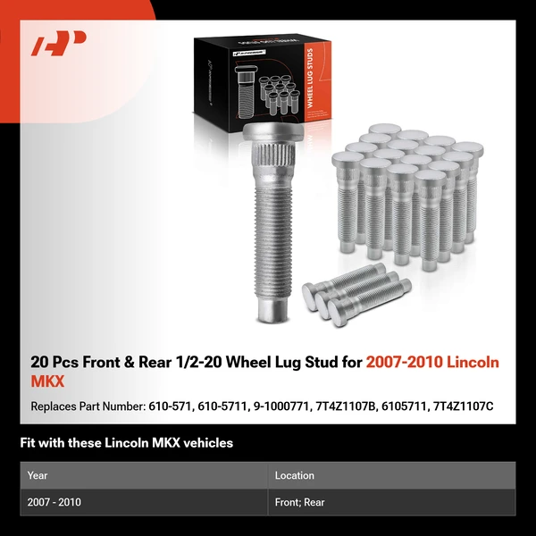 20 Pcs Front & Rear 1/2-20 Wheel Lug Stud for 2007-2010 Lincoln MKX