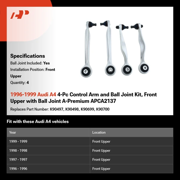 1996-1999 Audi A4 4-Pc Control Arm and Ball Joint Kit, Front Upper with Ball Joint A-Premium APCA2137