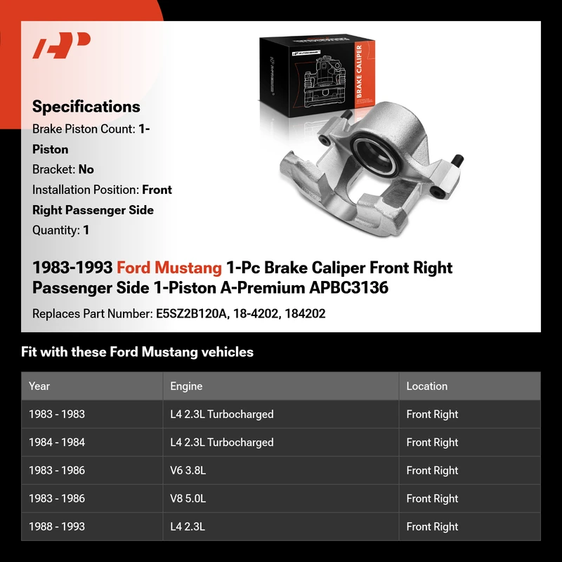 1983-1993 Ford Mustang 1-Pc Brake Caliper Front Right Passenger Side 1-Piston A-Premium APBC3136