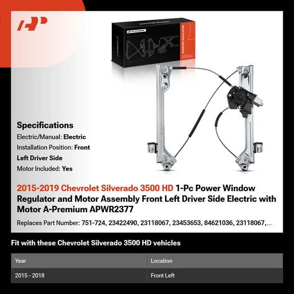 2015-2019 Chevrolet Silverado 3500 HD 1-Pc Power Window Regulator and Motor Assembly Front Left Driver Side Electric with Motor A-Premium APWR2377