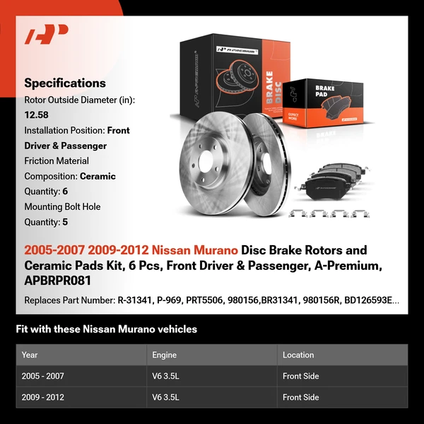 2005-2007 2009-2012 Nissan Murano Disc Brake Rotors and Ceramic Pads Kit, 6 Pcs, Front Driver & Passenger, A-Premium, APBRPR081