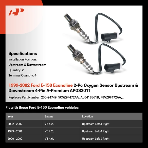1999-2002 Ford E-150 Econoline 2-Pc Oxygen Sensor Upstream & Downstream 4-Pin A-Premium APOS2011