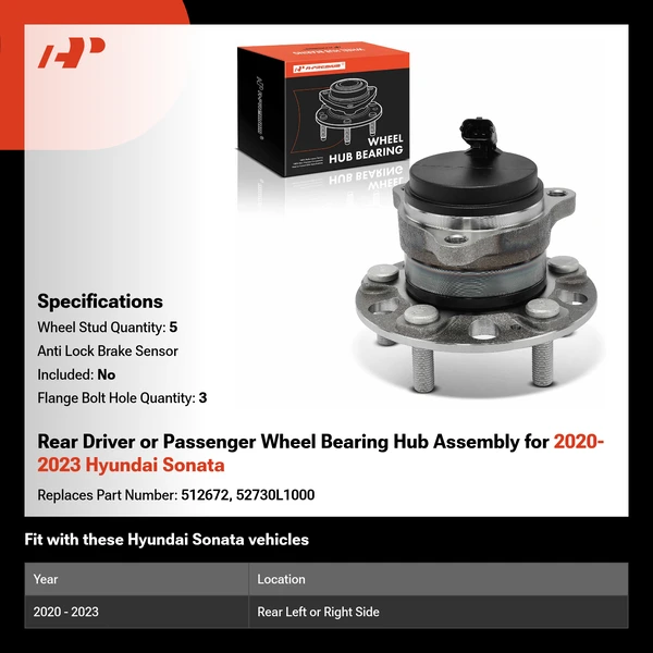 Rear Driver or Passenger Wheel Bearing Hub Assembly for 2020-2023 Hyundai Sonata