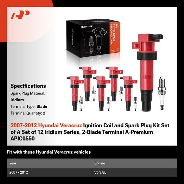 2007-2012 Hyundai Veracruz Ignition Coil and Spark Plug Kit Set of A Set of 12 Iridium Series, 2-Blade Terminal A-Premium APIC0550