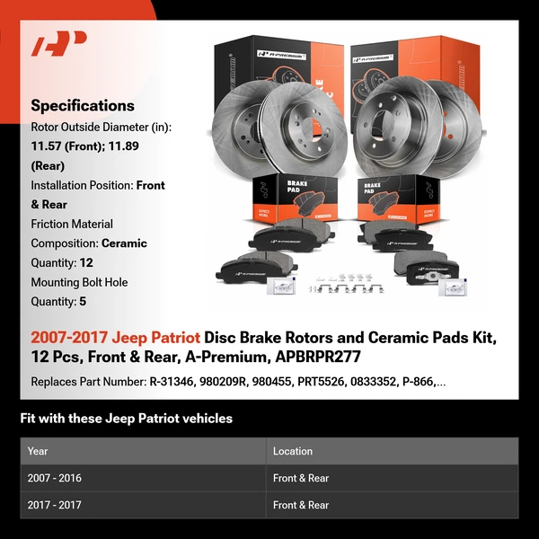 2007-2017 Jeep Patriot Disc Brake Rotors and Ceramic Pads Kit, 12 Pcs, Front & Rear, A-Premium, APBRPR277