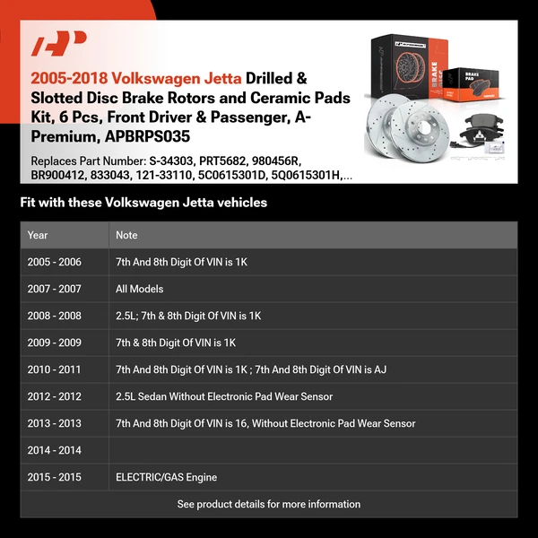 2005-2018 Volkswagen Jetta Drilled & Slotted Disc Brake Rotors and Ceramic Pads Kit, 6 Pcs, Front Driver & Passenger, A-Premium, APBRPS035