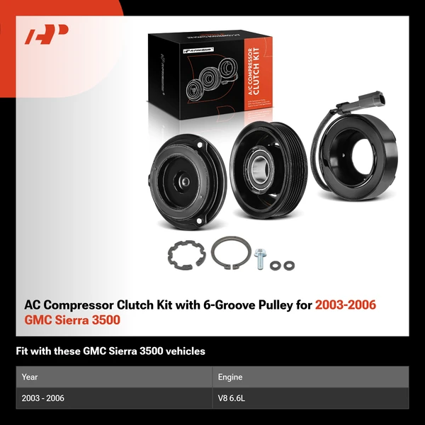AC Compressor Clutch Kit with 6-Groove Pulley for 2003-2006 GMC Sierra 3500
