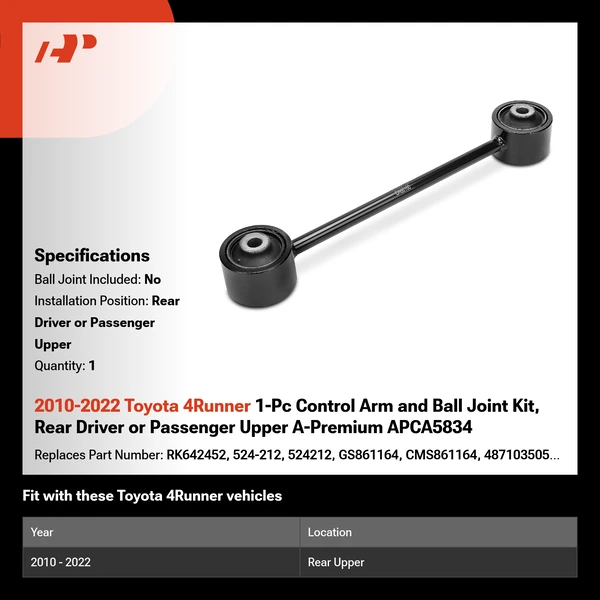 2010-2022 Toyota 4Runner 1-Pc Control Arm and Ball Joint Kit, Rear Driver or Passenger Upper A-Premium APCA5834