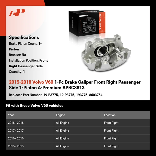 2015-2018 Volvo V60 1-Pc Brake Caliper Front Right Passenger Side 1-Piston A-Premium APBC3813
