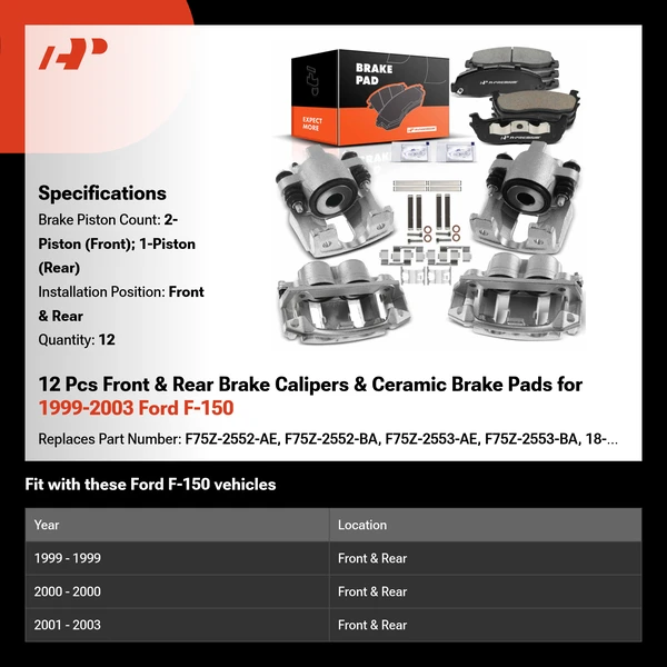12 Pcs Front & Rear Brake Calipers & Ceramic Brake Pads for 1999-2003 Ford F-150