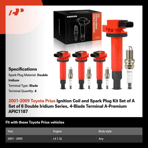 2001-2009 Toyota Prius Ignition Coil and Spark Plug Kit Set of A Set of 8 Double Iridium Series, 4-Blade Terminal A-Premium APIC1187