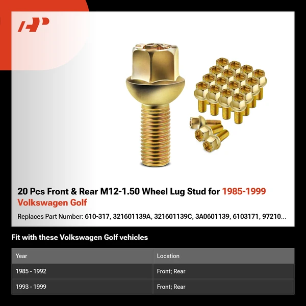 20 Pcs Front & Rear M12-1.50 Wheel Lug Stud for 1985-1999 Volkswagen Golf