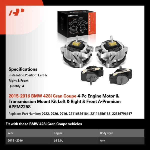 2015-2016 BMW 428i Gran Coupe 4-Pc Engine Motor & Transmission Mount Kit Left & Right & Front A-Premium APEM2268