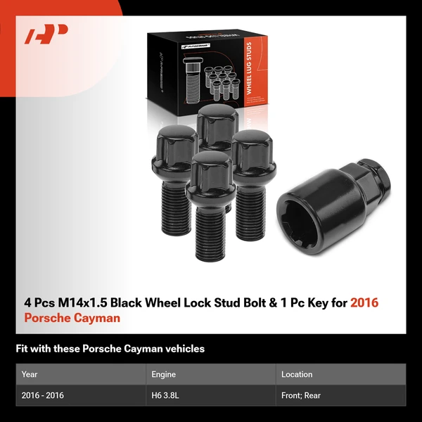4 Pcs M14x1.5 Black Wheel Lock Stud Bolt & 1 Pc Key for 2016 Porsche Cayman