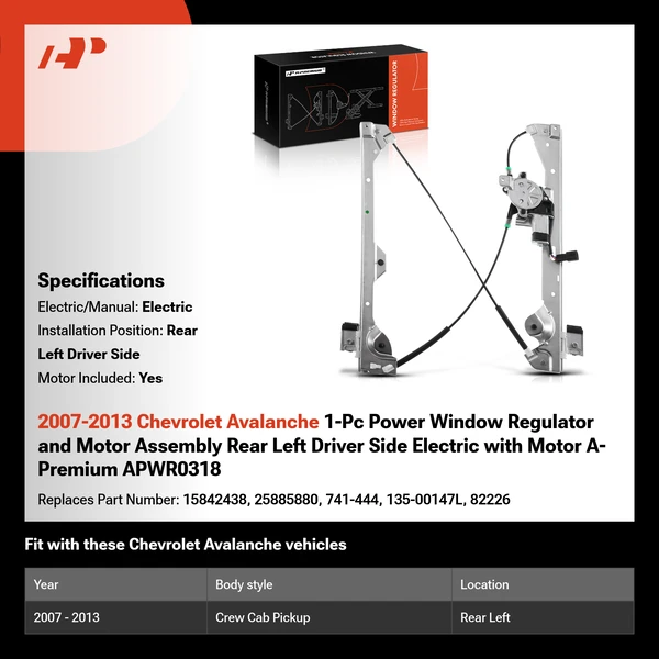 2007-2013 Chevrolet Avalanche 1-Pc Power Window Regulator and Motor Assembly Rear Left Driver Side Electric with Motor A-Premium APWR0318