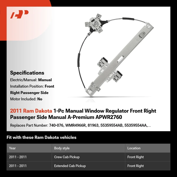 2011 Ram Dakota 1-Pc Manual Window Regulator Front Right Passenger Side Manual A-Premium APWR2760