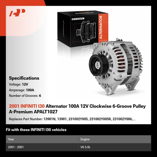 2001 INFINITI I30 Alternator 100A 12V Clockwise 6-Groove Pulley A-Premium APALT1027