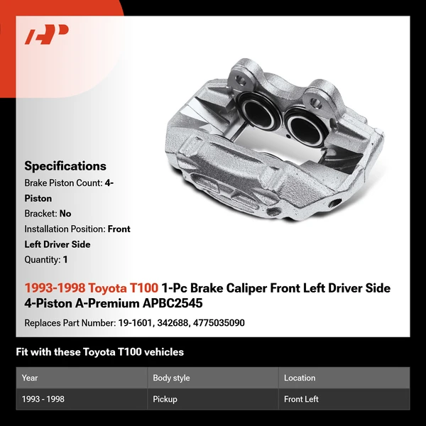 1993-1998 Toyota T100 1-Pc Brake Caliper Front Left Driver Side 4-Piston A-Premium APBC2545