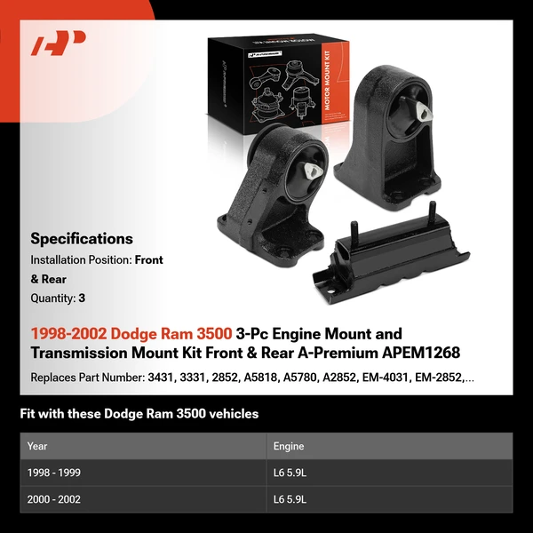 1998-2002 Dodge Ram 3500 3-Pc Engine Mount and Transmission Mount Kit Front & Rear A-Premium APEM1268