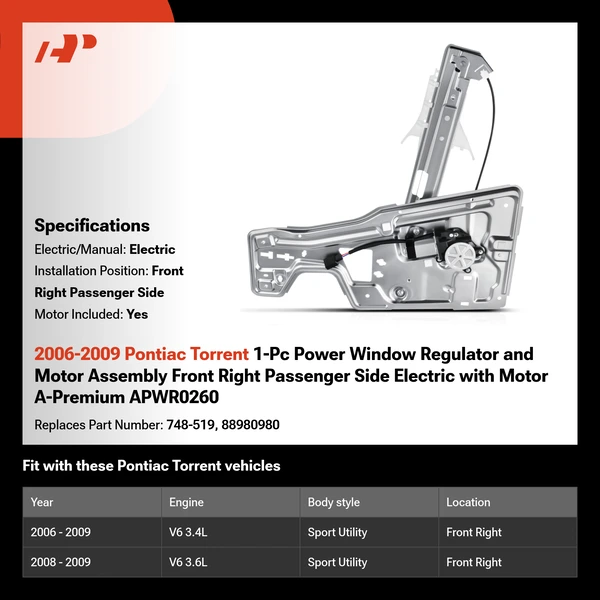 2006-2009 Pontiac Torrent 1-Pc Power Window Regulator and Motor Assembly Front Right Passenger Side Electric with Motor A-Premium APWR0260