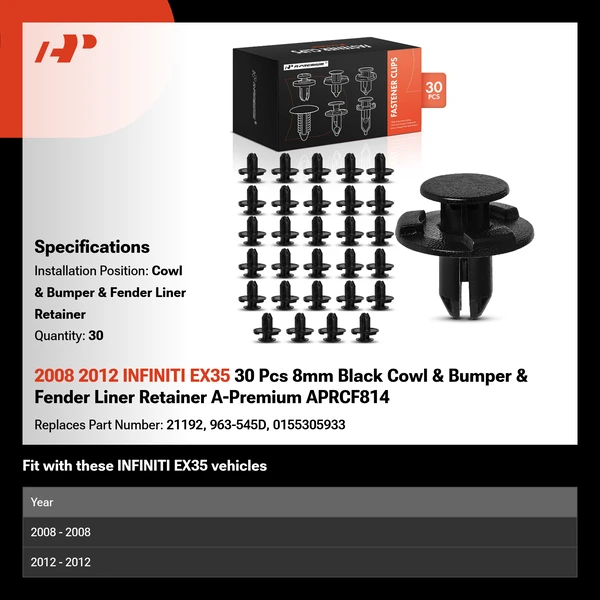 2008 2012 INFINITI EX35 30 Pcs 8mm Black Cowl & Bumper & Fender Liner Retainer A-Premium APRCF814