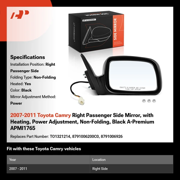 2007-2011 Toyota Camry Right Passenger Side Mirror, with Heating, Power Adjustment, Non-Folding, Black A-Premium APMI1765
