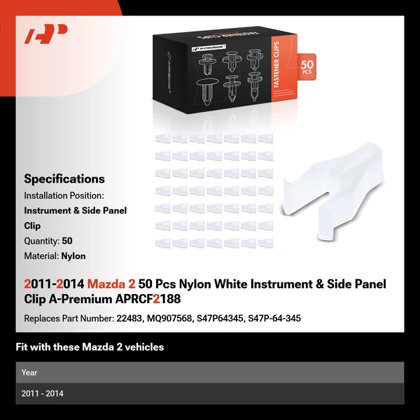 2011-2014 Mazda 2 50 Pcs Nylon White Instrument & Side Panel Clip A-Premium APRCF2188