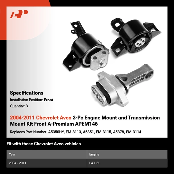 2004-2011 Chevrolet Aveo 3-Pc Engine Mount and Transmission Mount Kit Front A-Premium APEM146