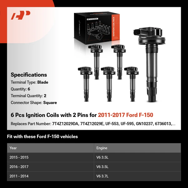 2011-2017 Ford F-150 A Set of 6-Pc Ignition Coil 2-Pin Terminal Square A-Premium IC0053