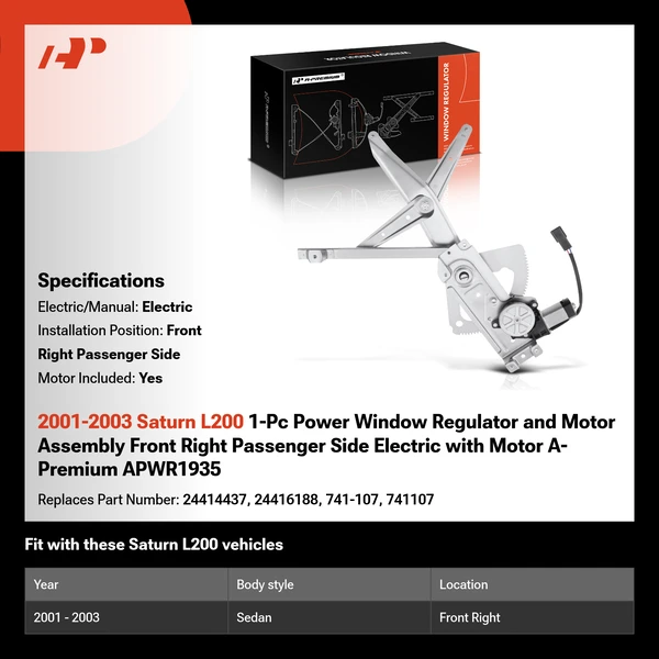 2001-2003 Saturn L200 1-Pc Power Window Regulator and Motor Assembly Front Right Passenger Side Electric with Motor A-Premium APWR1935