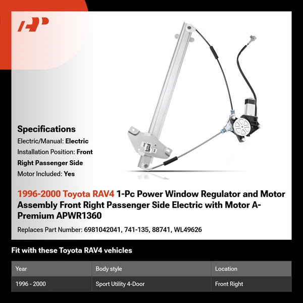1996-2000 Toyota RAV4 1-Pc Power Window Regulator and Motor Assembly Front Right Passenger Side Electric with Motor A-Premium APWR1360