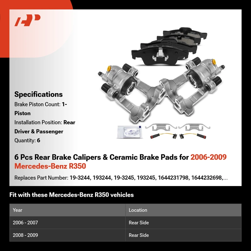 6 Pcs Rear Brake Calipers & Ceramic Brake Pads for 2006-2009 Mercedes-Benz R350