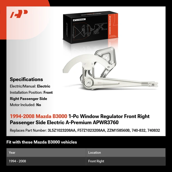 1994-2008 Mazda B3000 1-Pc Window Regulator Front Right Passenger Side Electric A-Premium APWR3760