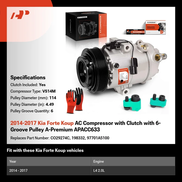2014-2017 Kia Forte Koup AC Compressor with Clutch with 6-Groove Pulley A-Premium APACC633