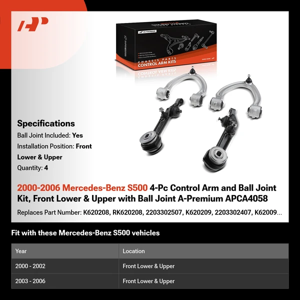 2000-2006 Mercedes-Benz S500 4-Pc Control Arm and Ball Joint Kit, Front Lower & Upper with Ball Joint A-Premium APCA4058